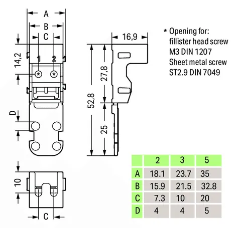 Wago 221-503 Mounting carrier, 221 series (24-12 AWG); 3-conductor; for panel mount; white — Terminal Blocks