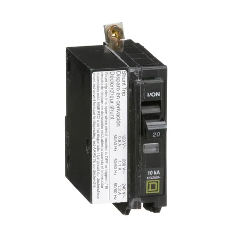 Schneider Electric QOB1201021 Mini circuit breaker, QO, 20A, 1 pole, 120/240VAC, 10kA, bolt on mount, AC shunt — Accesorios generales