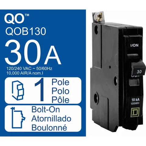 Schneider Electric QOB130 Mini circuit breaker, QO, 30A, 1 pole, 120/240VAC, 10kA, bolt on mount — Interruttori automatici e fusibili