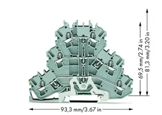 Wago 2002-3227 TOPJOB®S triple-deck terminal block; ground/through/through (PE/L/L); rail mount; 2-conductor; 5.2 mm wide; gray — Bornas de conexión / regletas