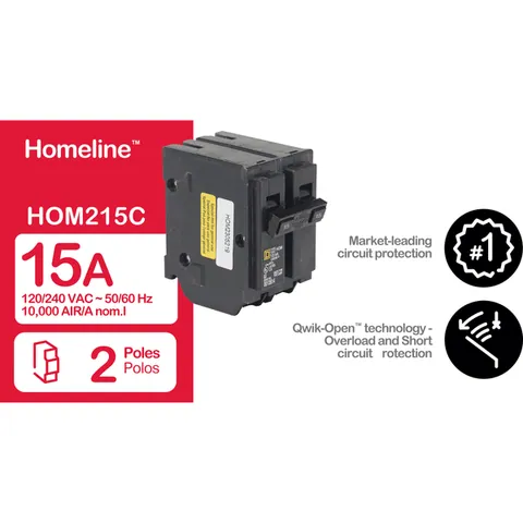 Schneider Electric HOM215 Mini circuit breaker, Homeline, 15A, 2 pole, 120/240VAC, 10kA AIR, standard type, plug in, UL — Accessori generali
