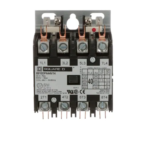 Schneider Electric 8910DPA44V14 Contactor, Definite Purpose, 40A, 4 pole, 25HP at 575VAC, 3 phase, 24/24VAC 50/60Hz coil, open — Electrónica y PCB