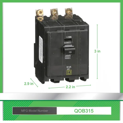 Schneider Electric QOB315 Mini circuit breaker, QO, 15A, 3 pole, 120/240VAC, 10kA, bolt on mount — Circuit Breakers & Fuses