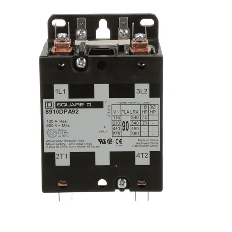 Schneider Electric 8910DPA92V02 Contactor, Definite Purpose, 90A, 2 pole, 20HP at 230VAC, 1 phase, 110/120VAC 50/60Hz coil, open — Contactors & Relays