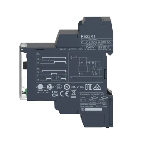 Schneider Electric RE22R1DMR dual function relay, Harmony Timer Relays, 8A, 1CO, 0.05s…300h, symmetrical flashing, 24...240V AC DC — Contactors & Relays