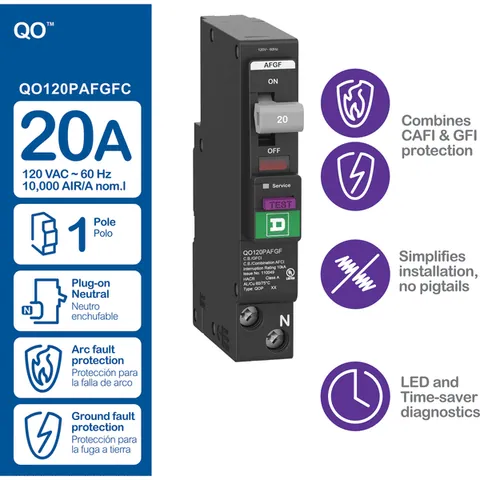 Schneider Electric QO120PAFGF Mini circuit breaker, QO, 20A, 1 pole, 120VAC, 10kA, dual function, plug on neutral, plug in mount, UL listed — Akcesoria ogólne