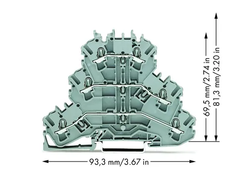 Wago 2002-3201 TOPJOB®S triple-deck terminal block; through/through/through (L/L/L); rail mount; 2-conductor; 5.2 mm wide; gray — Bornas de conexión / regletas