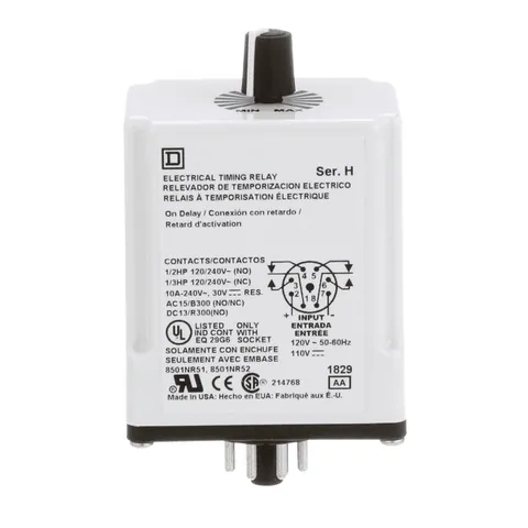 Schneider Electric 9050JCK18V20 Timing Relay, Type JCK, plug In, on delay, adjustable time, 0.6 to 60 minutes, 10A, 240 VAC, 120 VAC/110 VDC — General Accessories