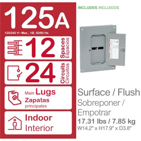 Schneider Electric HOM1224L125PC Load center, Homeline, 1 phase, 12 spaces, 24 circuits, 125A convertible main lugs, PoN, NEMA1, combo cover — General Accessories