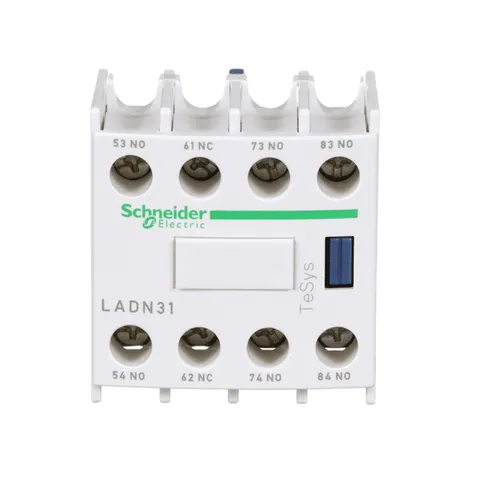 Schneider Electric LADN31 TeSys Deca, auxiliary contact block, 3 NO and 1 NC, top mount, screw clamp terminals, for LC1D09 to LC1D150 contactors — Contactores y relés