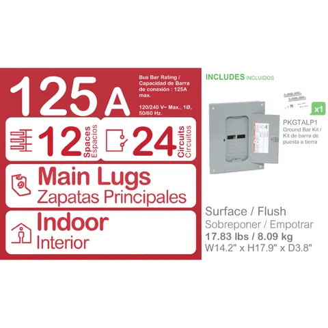 Schneider Electric HOM1224L125PGC Load center, Homeline, 1 phase, 12 spaces, 24 circuits, 125A convertible main lugs, PoN, NEMA1, gnd bar, combo cover — General Accessories