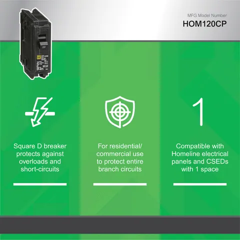 Schneider Electric HOM120 Mini circuit breaker, Homeline, 20A, 1 pole, 120/240VAC, 10kA AIR, standard type, plug in, UL — General Accessories