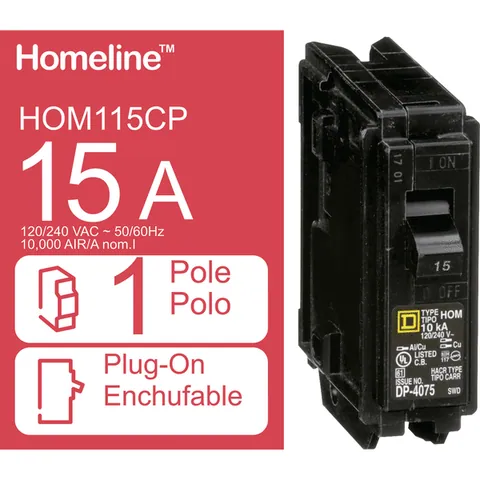 Schneider Electric HOM115 Mini circuit breaker, Homeline, 15A, 1 pole, 120/240VAC, 10kA AIR, standard type, plug in, UL — Accessori generali