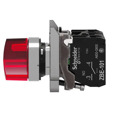Schneider Electric XB4BK124G5 Illuminated selector switch, Harmony XB4, metal, red handle, 22mm, universal LED, 2 positions, 1NO + 1NC, 110...120V AC — Switches & Modular Apparatus
