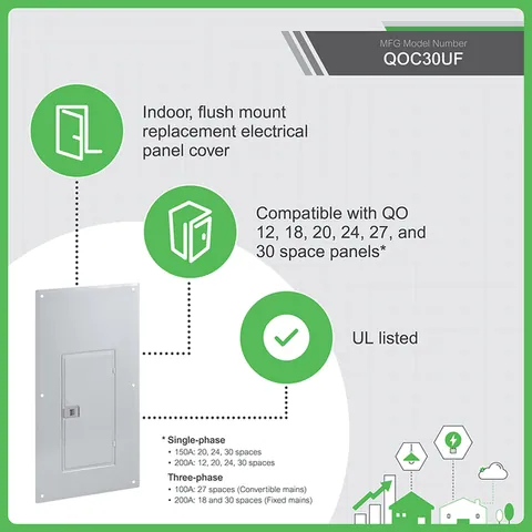 Schneider Electric QOC30UF Replacement cover for 30 space load center, flush, gray — General Accessories