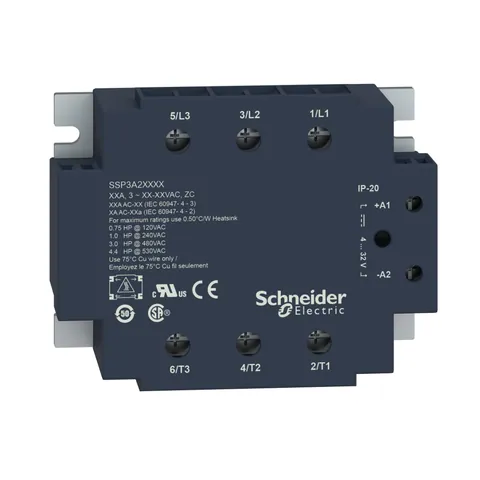 Schneider Electric SSP3A250F7 three phase relay, Harmony Solid State Relays, 50A, panel mount, zero voltage switching, input 90 to 140V AC, output 48 to 530V AC — Contactors & Relays