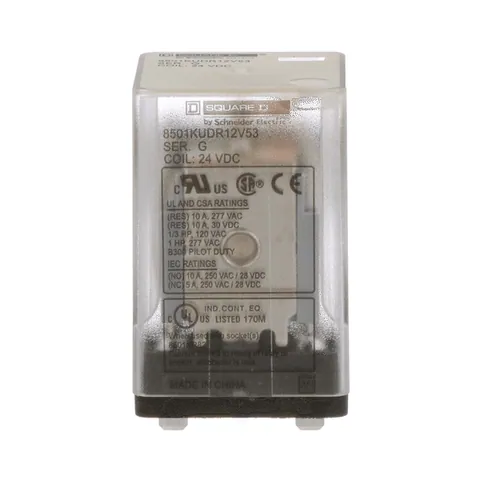 Schneider Electric 8501KUDR12V53 Plug in relay, Type KU, blade, 0.5 HP at 240 VAC, 10A resistive at 120 VAC, 8 blade, DPDT, 2 NO, 2 NC, 24 VDC coil — General Accessories