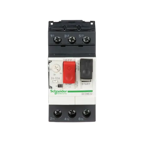 Schneider Electric GV2ME32 TeSys Deca Manual Starter and Protector, thermal magnetic circuit protector, push buttons, 24 to 32 A, screw clamp — Interruptores automáticos y fusibles