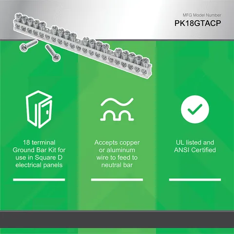 Schneider Electric PK18GTA Load center accessory, QO/Homeline, ground bar kit, 18 terminals — General Accessories