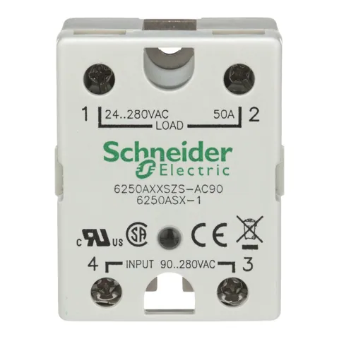 Schneider Electric 6250AXXSZS-AC90 Relay, SE Relays, solid state, SPST NO, 50A, 24…280 VAC, 90...280 VAC Uc, SCR AC zero cross, screw terminal — General Accessories