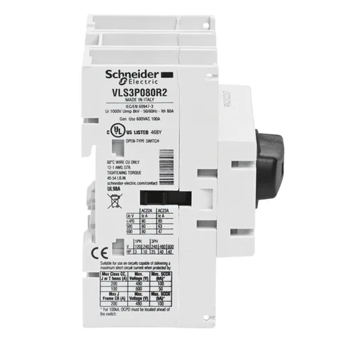 Schneider Electric VLS3P080R2 Disconnect switch, TeSys VLS, body switch, 80A, 40HP at 480VAC, UL98, three phase, 50kA SCCR, size 2, DIN rail mount — Switches & Modular Apparatus