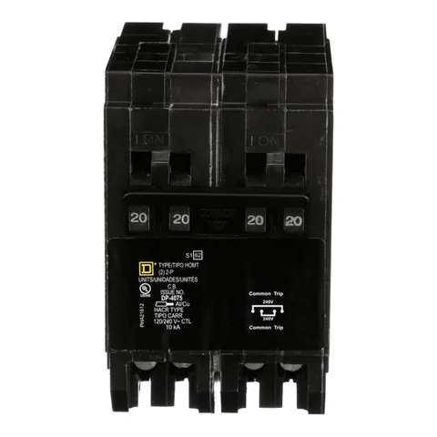 Schneider Electric HOMT220220 Quad tandem circuit breaker, Homeline, 2 x 2 pole at 20A, 120/240VAC, 10kA AIR, plug in, UL — General Accessories