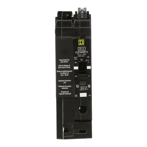 Schneider Electric EDB14020EPD Mini circuit breaker, E-Frame, 20A, 1 pole, 277VAC, 25kA max, bolt on, 30mA ground fault protection — General Accessories
