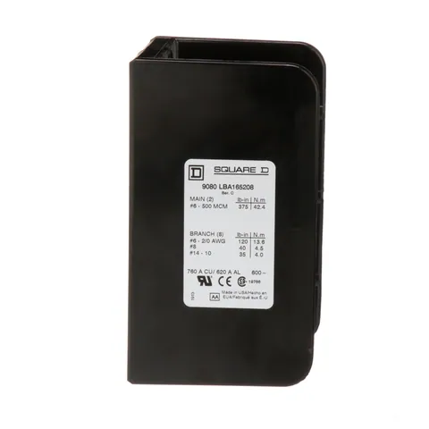 Schneider Electric 9080LBA165208 Power distribution block, 1 pole, 2 line, 8 load, 760A Cu, 620A Al, 600V — Blocchi valvole e collettori