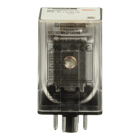 Schneider Electric 8501KPR12P14V14 Plug in relay, Type KP, tubular, 1 HP at 277 VAC, 10A resistive at 120 VAC, DPDT, 2 NO, 2 NC, 24 VAC coil, pilot light — General Accessories