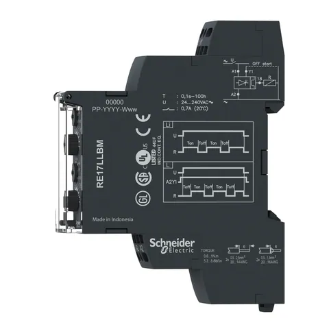 Schneider Electric RE17LLBMS Modular Timing Relay, 0.7A, 1s..100h, Asymmetrical Flashing, Solid State Output, Spring Terminals, 24...240V AC