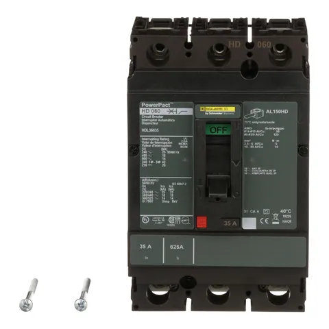 Schneider Electric HDL36035 Circuit breaker, PowerPacT H, 35A, 3 pole, 600VAC, 14kA, lugs, thermal magnetic, 80% — Interruttori automatici e fusibili