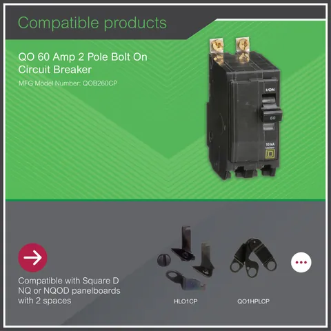 Schneider Electric QOB260 Mini circuit breaker, QO, 60A, 2 pole, 120/240VAC, 10kA, bolt on mount — General Accessories