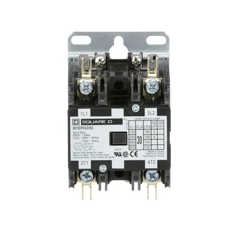 Schneider Electric 8910DPA32V02 Contactor, Definite Purpose, 30A, 2 pole, 5HP at 230VAC, 1 phase, 110/120VAC coil at 50/60Hz, open — General Accessories