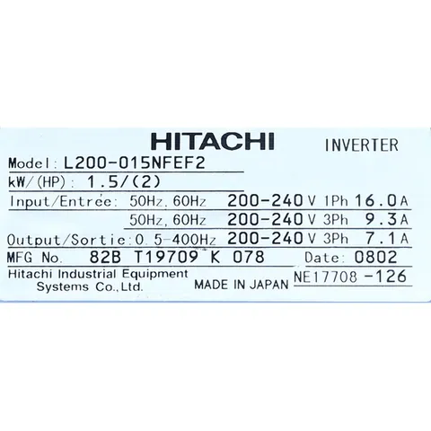 HITACHI L200-015NFEF2 AC Motor Drive, 1.5 kW, 200–240V, 1/3-phase, 7.1 A Output, Compact Size — Control e HMI