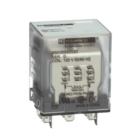 Schneider Electric 8501RS43V20 Plug in relay, Type R, miniature, 1 HP at 277 VAC, 15A resistive at 120 VAC, 11 blade, 3PDT, 3 NO, 3 NC, 120 VAC coil — General Accessories