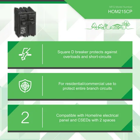 Schneider Electric HOM215 Mini circuit breaker, Homeline, 15A, 2 pole, 120/240VAC, 10kA AIR, standard type, plug in, UL — Accessori generali