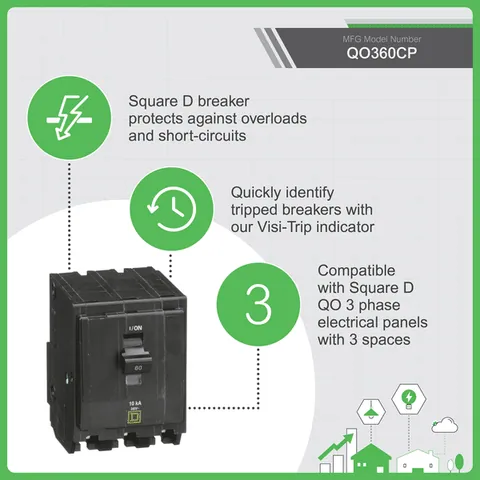 Schneider Electric QO360 Mini circuit breaker, QO, 60A, 3 pole, 120/240VAC, 10kA, plug in mount — Akcesoria ogólne