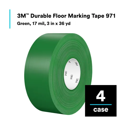 3M 7100254037 Durable Floor Marking Tape 971, Green, 3 in x 36 yd, 17 mil, 4 Rolls/Case, Individually Wrapped Conveniently Packaged — General Accessories