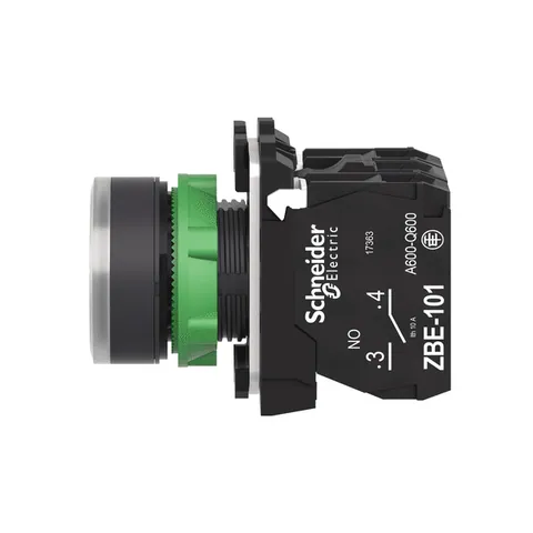 Schneider Electric XB5AW31G5 Illuminated push button, Harmony XB5, plastic, flush, white, 22mm, universal LED, plain lens, 1NO + 1NC, 110...120V AC — Switches & Modular Apparatus
