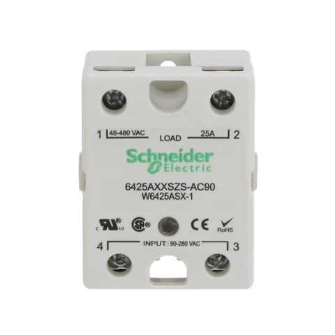 Schneider Electric 6425AXXSZS-AC90 Relay, SE Relays, solid state, SPST NO, 25A, 48…530 VAC, 90...280 VAC Uc, SCR AC zero cross, screw terminal — General Accessories
