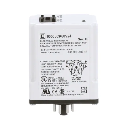 Schneider Electric 9050JCK60V24 Timing Relay, Type JCK, plug In, on delay, programmable, 0.5 second to 999 hours, 10A, 240 VAC, 240 VAC 50/60 Hz — General Accessories