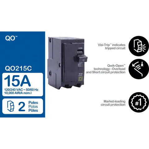 Schneider Electric QO215 Mini circuit breaker, QO, 15A, 2 pole, 120/240VAC, 10kA, plug in mount — Accessori generali