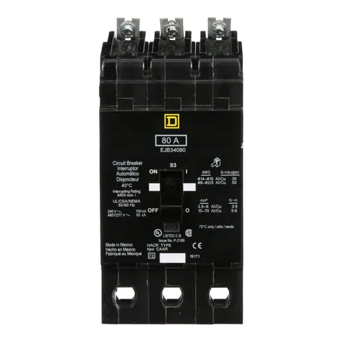 Schneider Electric EJB34080 Mini circuit breaker, E-Frame, 80A, 3 pole, 480Y/277VAC, 100kA max, bolt on — General Accessories