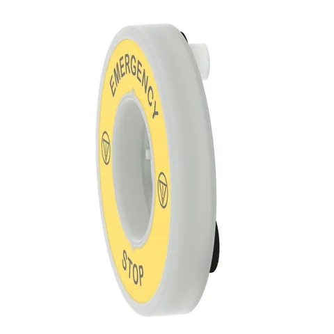 Schneider Electric ZBY9W3B330 Illuminated marked legend ring, Harmony XB5, 60mm, plastic, yellow, white or red integral LED, marked EMERGENCY STOP, 24V AC DC — Accessories