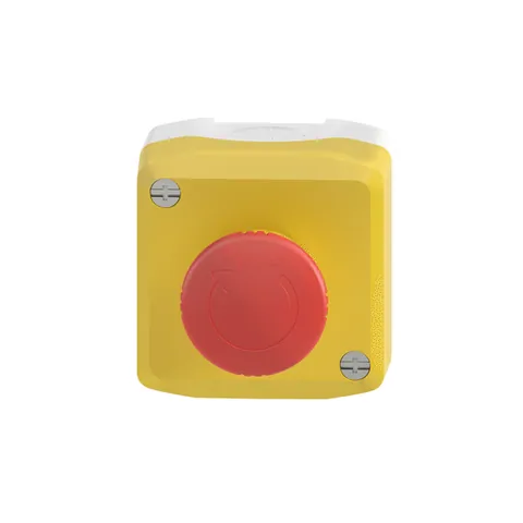 Schneider Electric XALK178F Complete control station, Harmony XALD, XALK, plastic, yellow lid, 1 red mushroom push button 40mm, turn to release, 2NC — Switches & Modular Apparatus