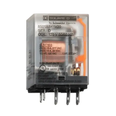 Schneider Electric 8501RS41V20 Miniature Relay, Harmony 8501R, SPDT, 5 blades, coil, 15A resistive at 120V AC, 1HP at 277V AC, 120V AC, 1NO+ 1NC — Accesorios generales