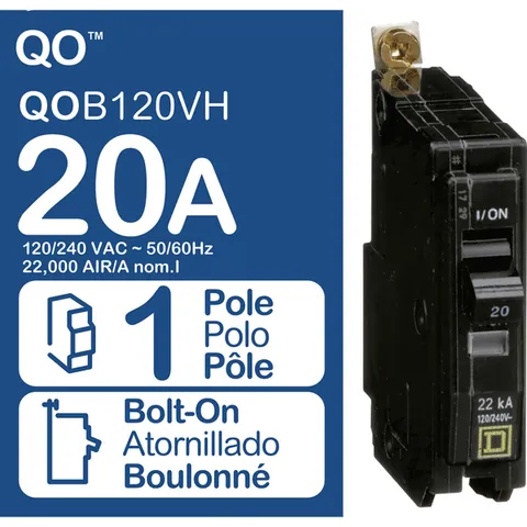 Schneider Electric QOB120VH Mini circuit breaker, QO, 20A, 1 pole, 120/240VAC, 22kA, bolt on mount — Accessori generali