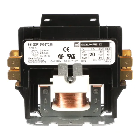 Schneider Electric 8910DP12V02Y248 Contactor, Definite Purpose, 20A, 2 pole, 110/120VAC 50/60Hz coil, open, with cover — General Accessories