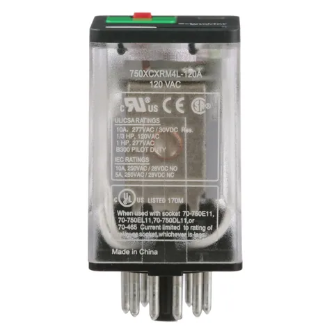 Schneider Electric 750XCXRM4L-120A General purpose relay, SE Relays, 750R, 3PDT, 10A, 120VAC, octal terminal 11 pins, LED clear cover, lock push button — Akcesoria ogólne