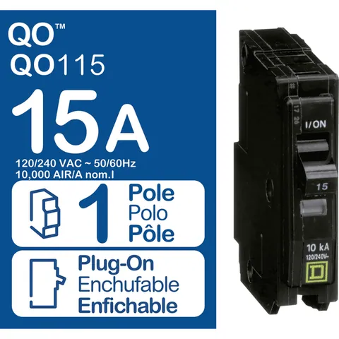 Schneider Electric QO115 Mini circuit breaker, QO, 15A, 1 pole, 120/240VAC, 10kA, plug in mount — Circuit Breakers & Fuses